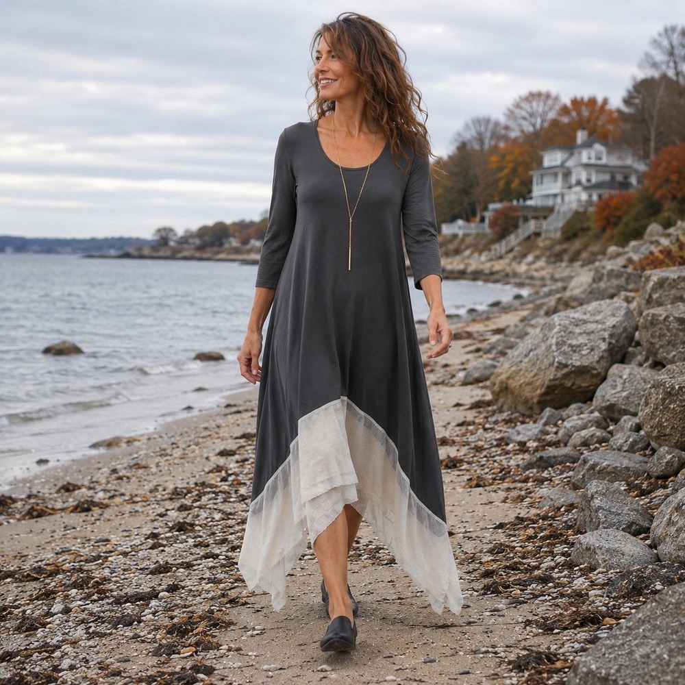 Nicole Paloma S/M Gray Ivory Asymmetric Maxi Dress Lagenlook Raw Edge Hand Sewn